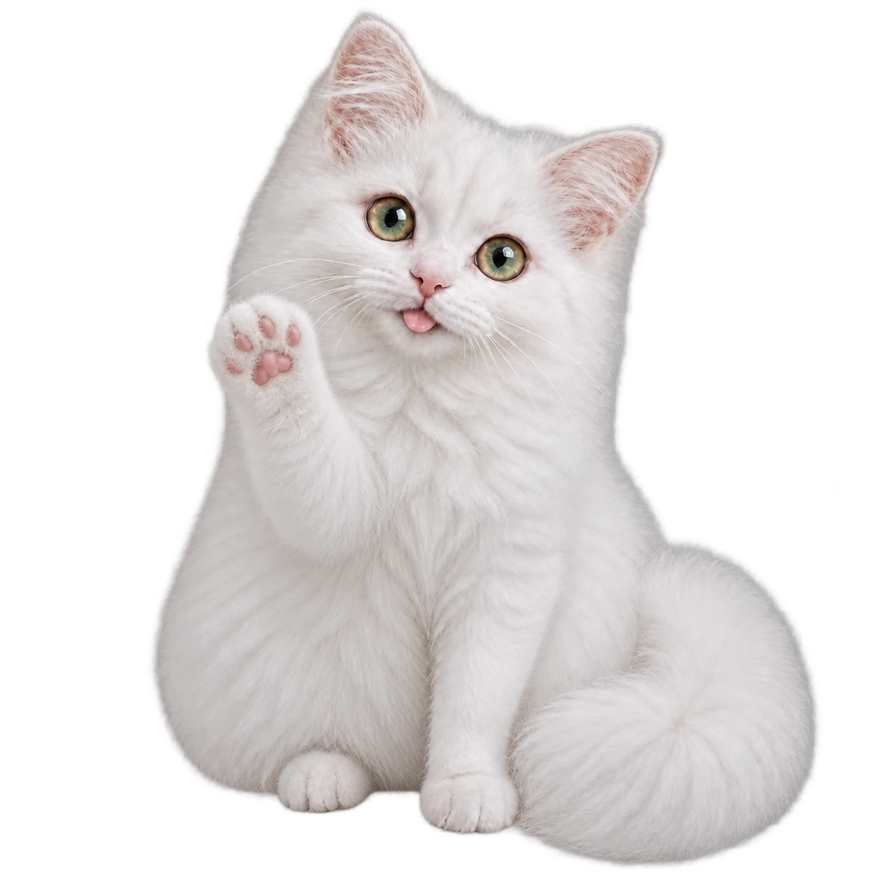Okito, a white Angora cat, raising one paw