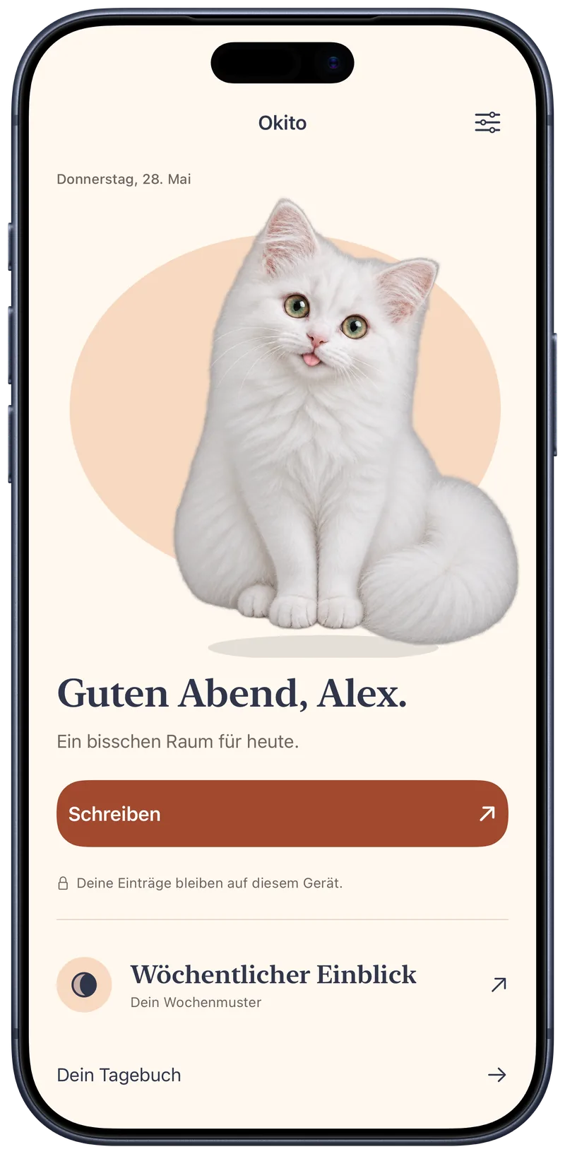 Okito-Startbildschirm mit einer Begrüßung für Alex, dem weißen Kater und einer privaten Schreibtaste