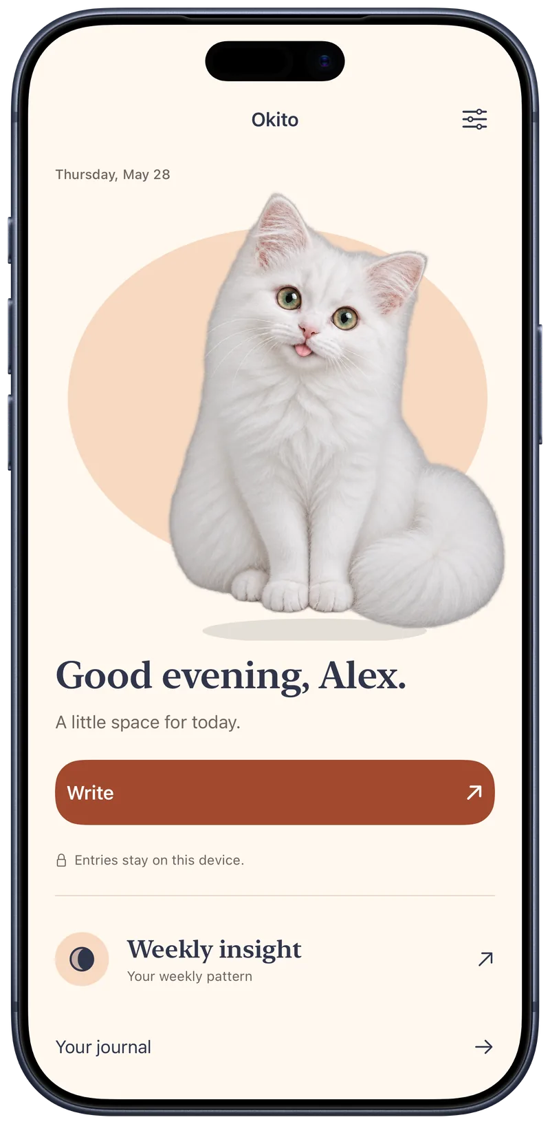 Okito home screen greeting Alex with the white cat and a private writing button