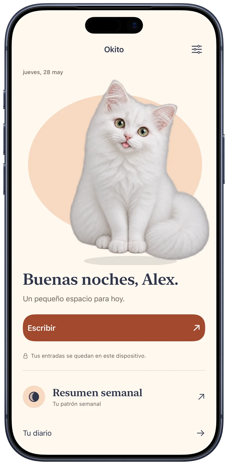 Pantalla de inicio de Okito que saluda a Alex, con el gato blanco y un botón de escritura privada