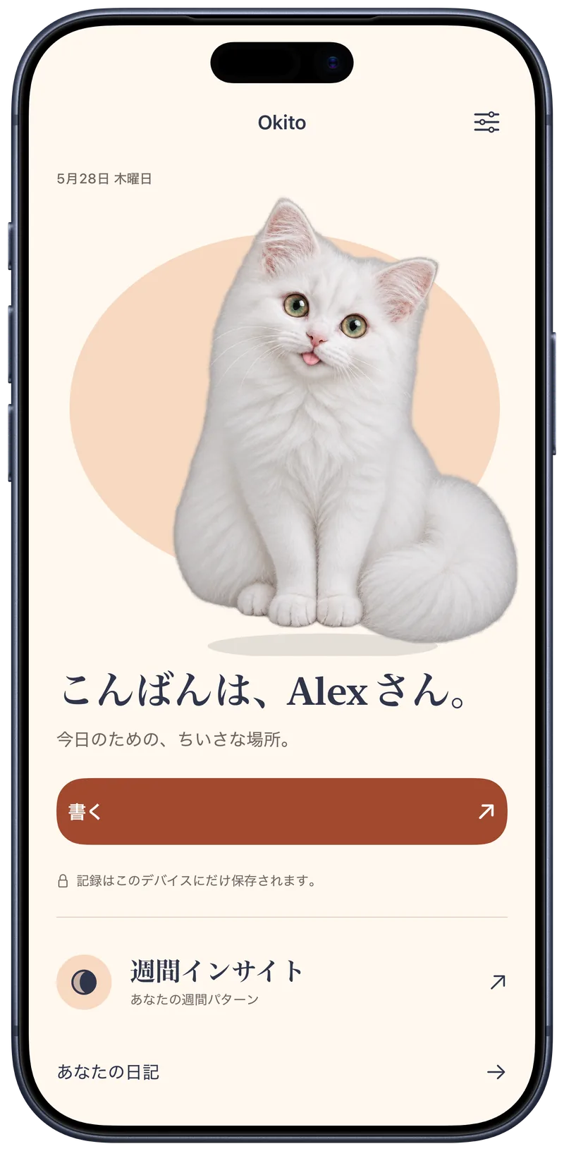 白い猫とプライベートな記入ボタンがあり、AlexにあいさつするOkitoのホーム画面