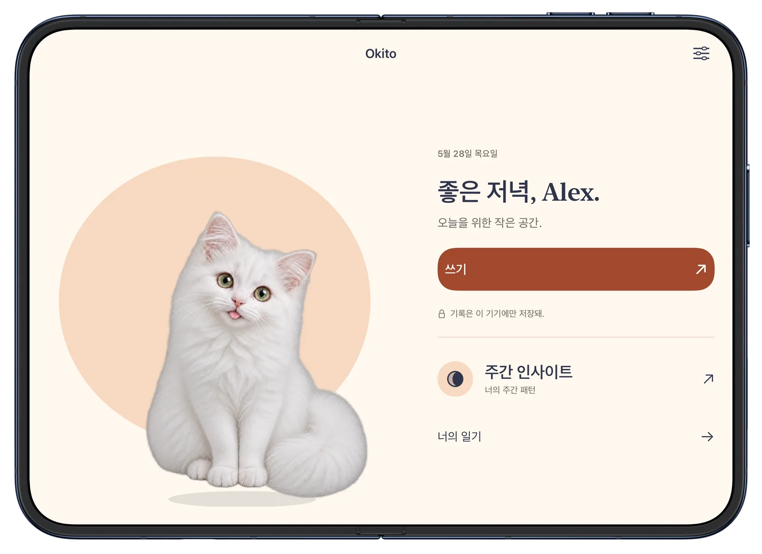 iPhone Duo의 넓은 두 화면에 배치된 Okito 홈 화면