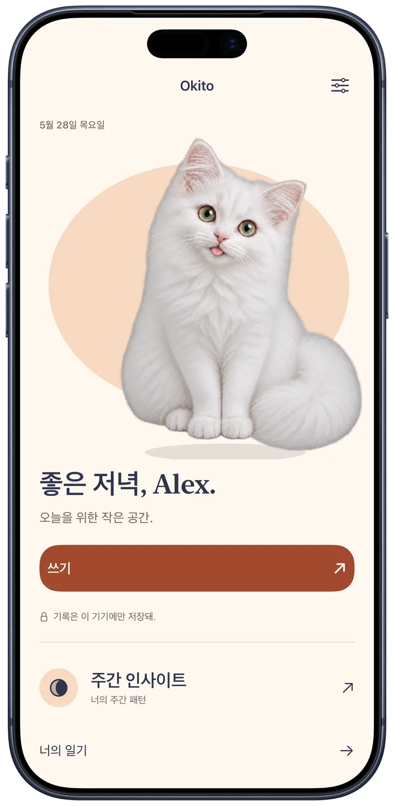 하얀 고양이와 비공개 글쓰기 버튼이 있고 Alex에게 인사하는 Okito 홈 화면